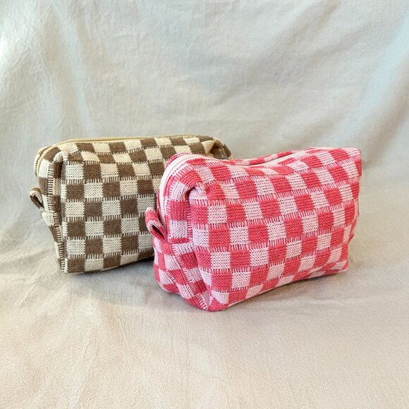 Other - Brand New Set of 2 Small Checkered Fabric Pouch (Pink + Brown)